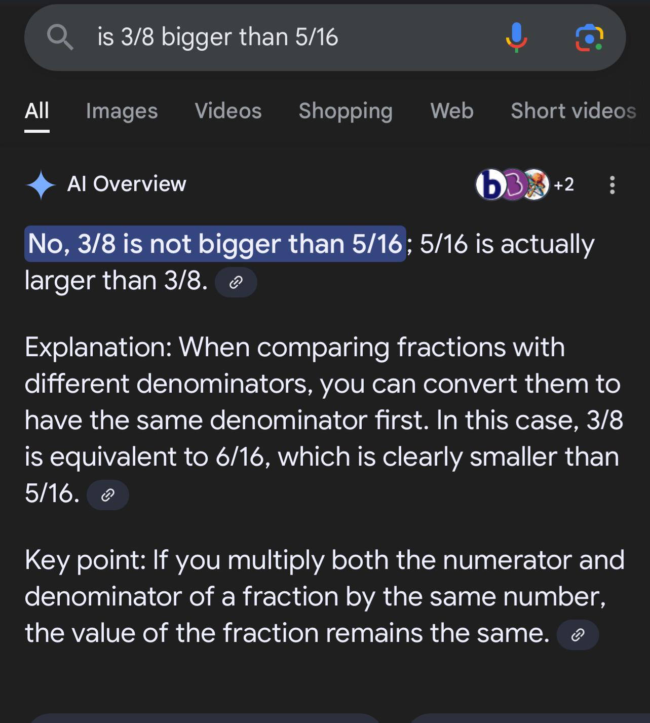 AI search results showing wrong mathematical answer