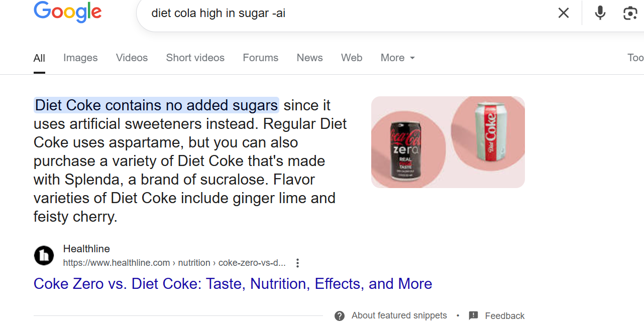 Search query that uses rich snippet instead of AI search results